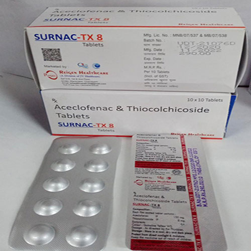 nicoside Tablets SURNAC-TX & SURNAC-TX 8 Tablets M. Lic. No.: MMB/07/537 & MB/07/538 Batch No. My Date: Exp. Date 220.66 Reiges HealthCARE Per 10 Tablets Pot of GST) 10 x 10 Tablets Aceclofenac & Thiocolchicoside Tablets SURNAC-TX 8 Tablets Thiocolch coside Tablets SURNAC-TK