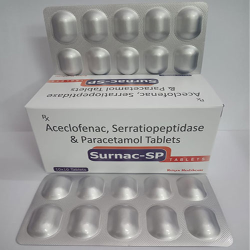 Bx 10x10 Tablets 000 TABLETS Surnac-SP Aceclofenac, Serratiopeptidase & Paracetamol Tablets Aceclofenac, Serratiopeptidase & Paracetamol Tablets Surnac-SP