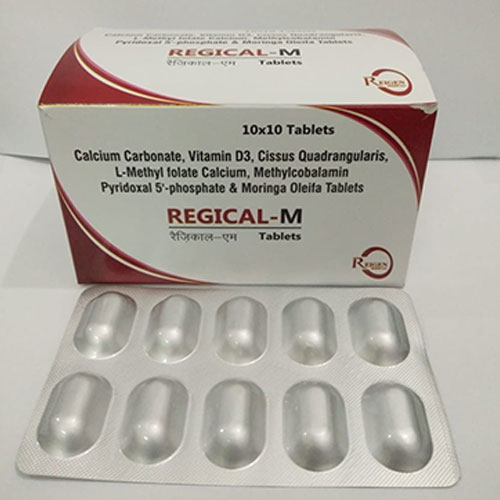 REGICAL-M Tablets 10x10 Tablets Calcium Carbonate, Vitamin D3, Cissus Quadrangularis, L-Methyl folate Calcium, Methylcobalamin Pyridoxal 5'-phosphate & Moringa Oleifa Tablets REGICAL-M कल- ए Tablets R 00000 00000