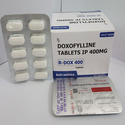 00000 DOXOFYLLINE TABLETS IP 400MG 10x10 Tablete 10x10 Tablets DOXOFYLLINE TABLETS IP 400MG R-DOX 400 Tablets Anti-asthma LT-976 M.R.P.Rs.95.00 543/2019 PER 10 TABS. EP02/2021 (INCL.OF GST) DOKOFYLLINE TABLETS IP 400MG