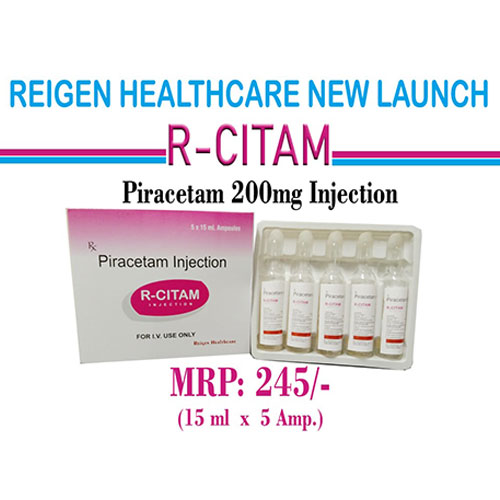 REIGEN HEALTHCARE NEW LAUNCH R-CITAM Piracetam 200mg Injection Piracetam Injection R-CITAM FOR LV. USE ONLY MRP: 245/- (15 ml x 5 Amp.)
