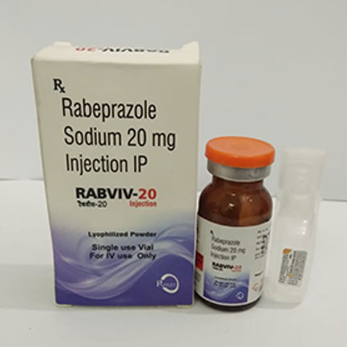 R Rabeprazole Sodium 20 mg Injection IP RABVIV-20 Tele-20 Injection Lyophilized Pewter Single use Vial For IV use Only Sodun 2014 Picton F