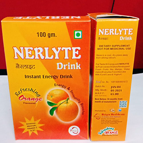 100 gm. NERLYTE Drink नैरलाइट Instant Energy Drink Energy Refreshing Orange Flavoured Minerals Vitamin C 601 NERLYTE સૌરા Drink DIETARY SUPPLEMENT NOT FOR MEDICINAL USE Store in a cool, dry place away from strong odours For Taste & Energy add NERLYTE to Frat Juces/Shakes/Netspan Fresh Fruits ke Mango Water melovEveryday Favors Mox/Curd Las & Yoghurt falte No 10010064001672 Batch No JAN 04 01-2021 Mig Month 65.00 Best Before 10 months from month of manufacture Reigen Healthca & Immunity Booster ORANGE